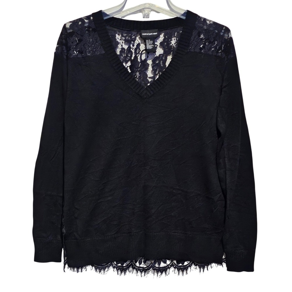 Central Park West Black‎ Lace Trim V Neck Sweater Womens Size S